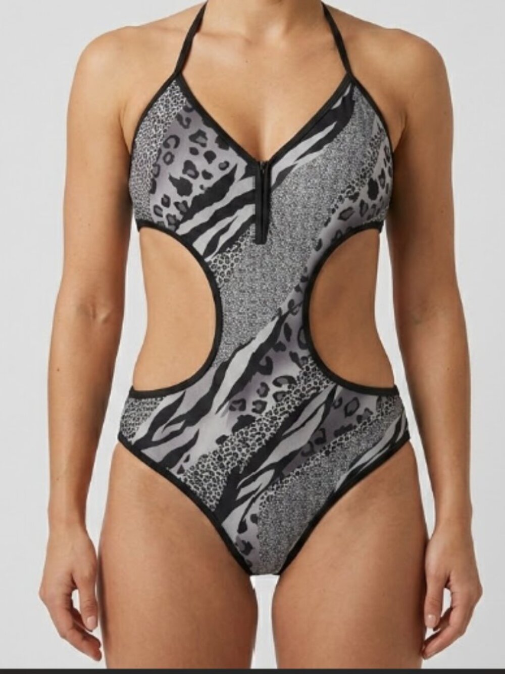 Womens Black Grey Animal Print Cutout Halter One Piece Swimsuit Y2K Small